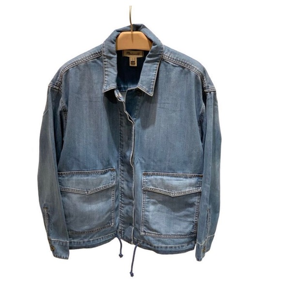 Madewell Denim Drawstring Military Shirt Jacket in Glenmar Wash Size Medium - Picture 3 of 5